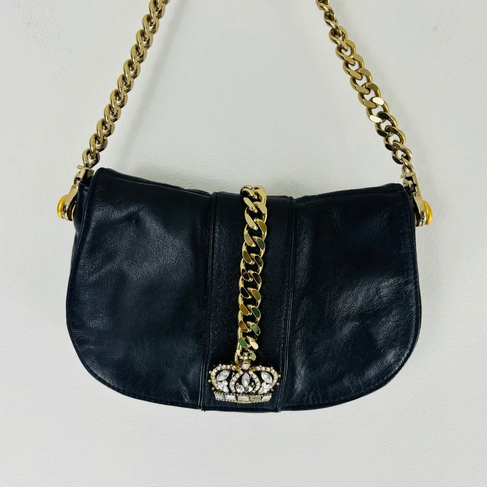 Wilsons Leather Black Leather Bag Shoulder or Clutch Gold Chain Rhinestone Crown